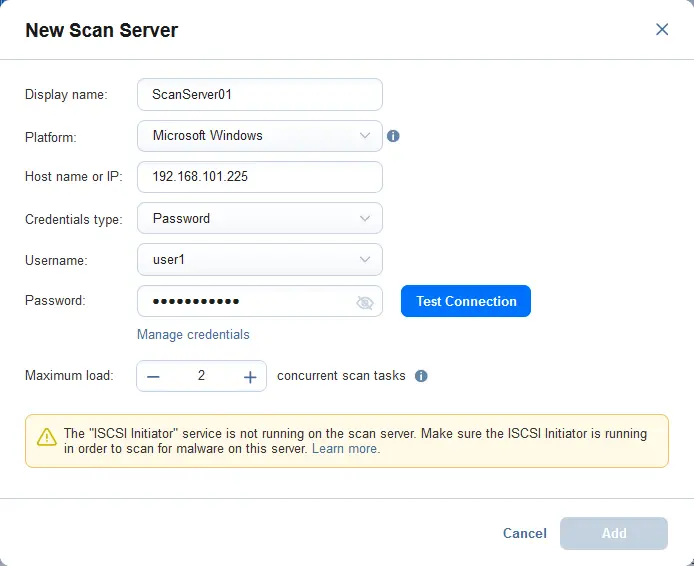 Adding a new scan server and connection test