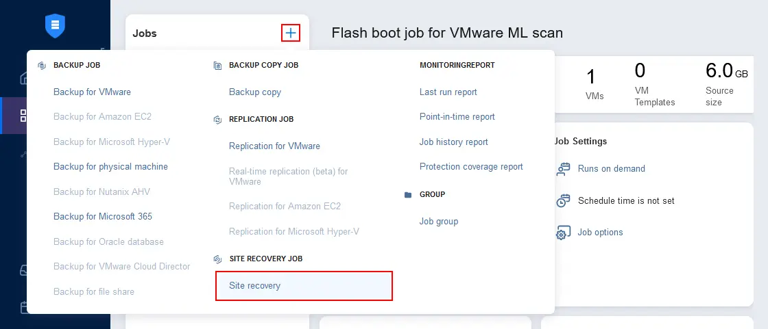Adding a new site recovery job