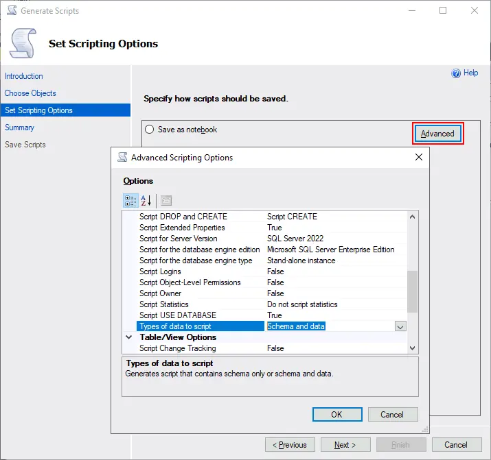 Configuring advanced scripting options