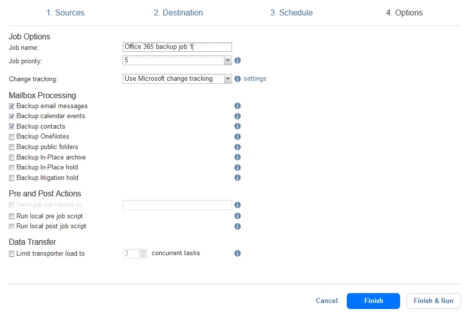 Configuration des options de la tâche de sauvegarde Microsoft 365