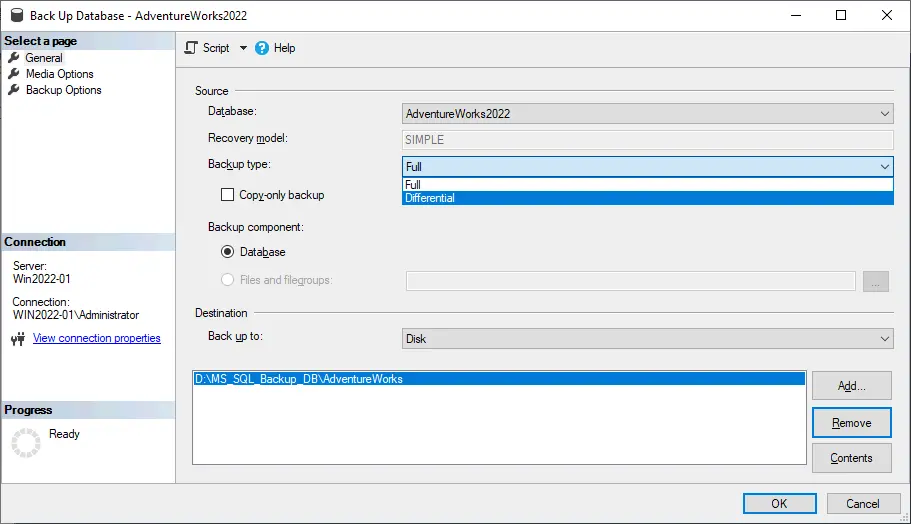 Configuring MS SQL database backup in SSMS