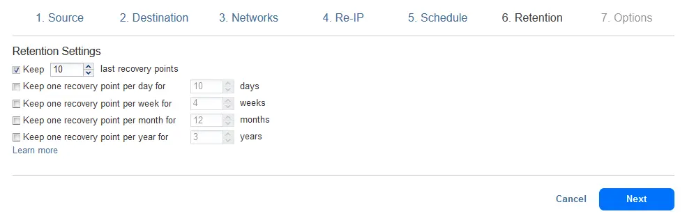 Configuring retention settings for VM replication