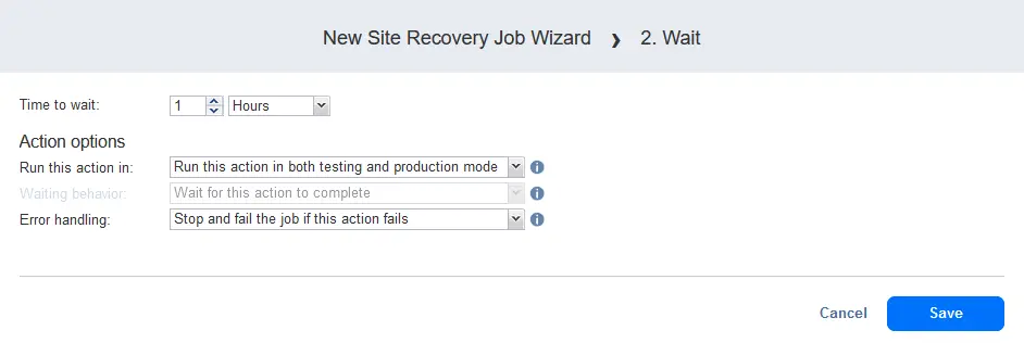 Configuring the Wait action in the site recovery job