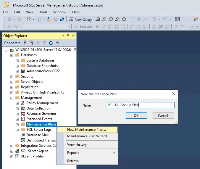 Creating a maintenance plan to configure the MS SQL database backup schedule