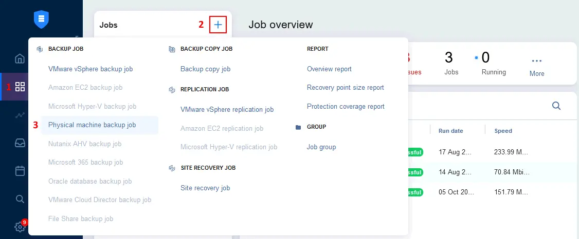 Creating a new backup job for MS SQL Server backup in the NAKIVO solution