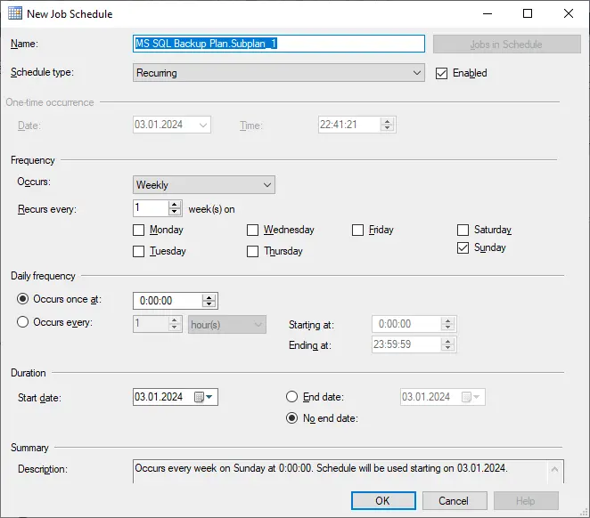 Creating a new database backup job schedule in MS SQL Management Studio