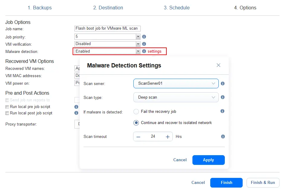 Enabling and configuring malware detection in options