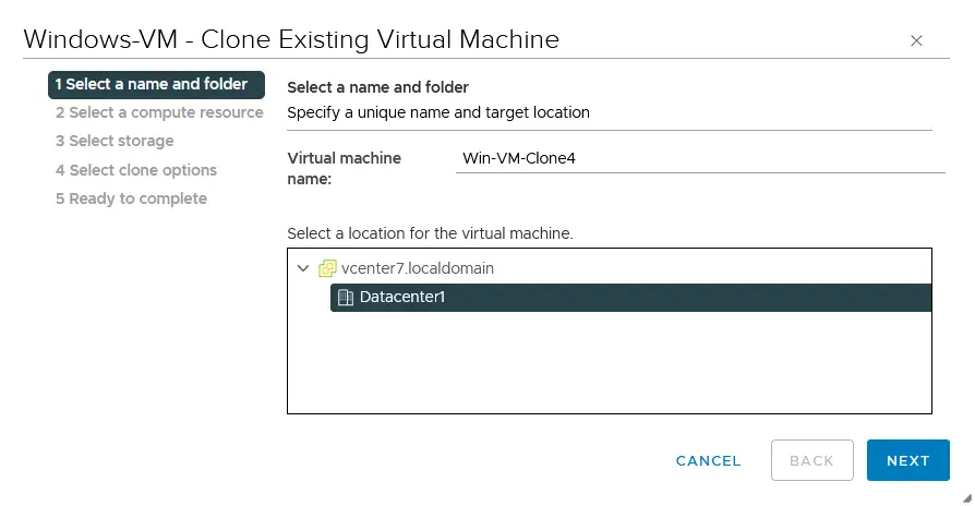 Entering a VM name and selecting a datastore