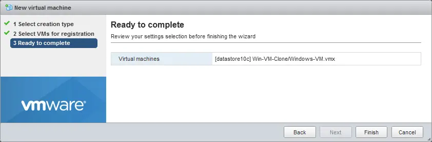 Finishing the Wizard to register an ESXi clone VM
