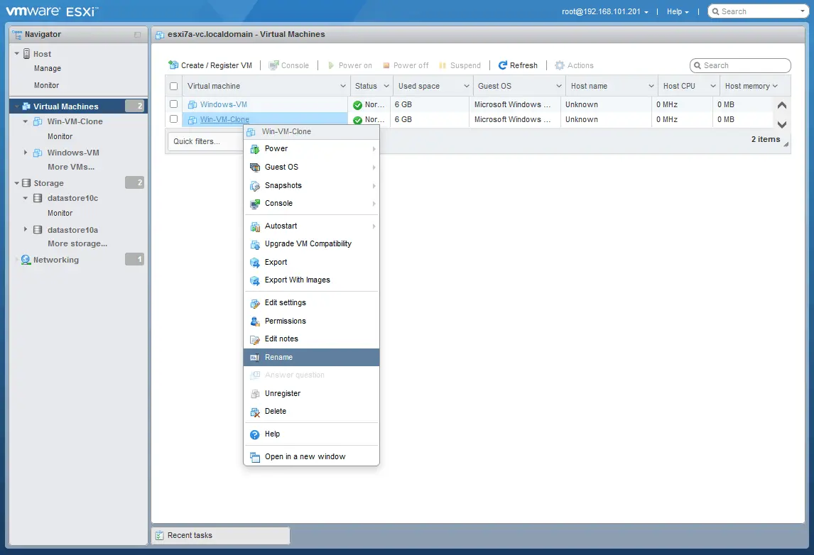 It is possible to rename a cloned virtual machine in VMware Host Client