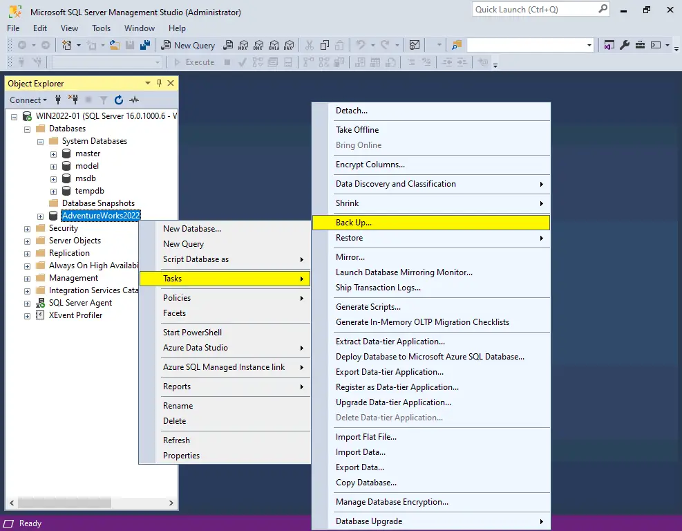 MS SQL database backup in SSMS