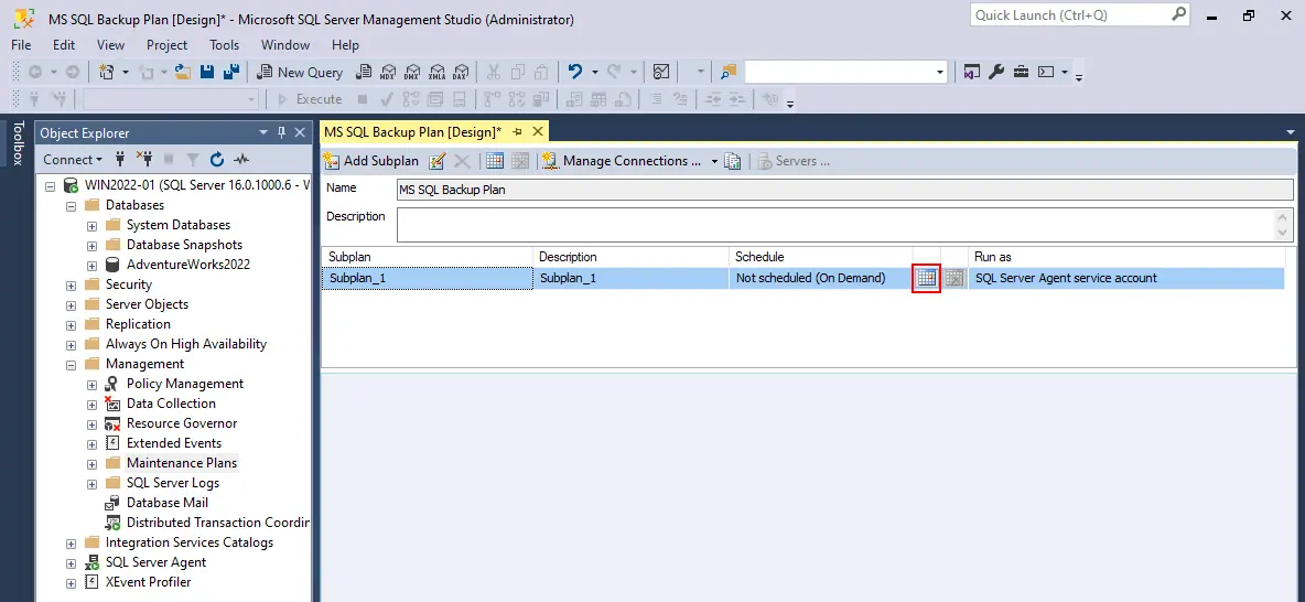 Opening a calendar to schedule a backup task in SSMS
