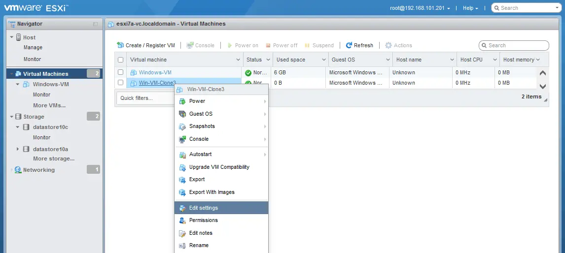 Opening settings of the new VM