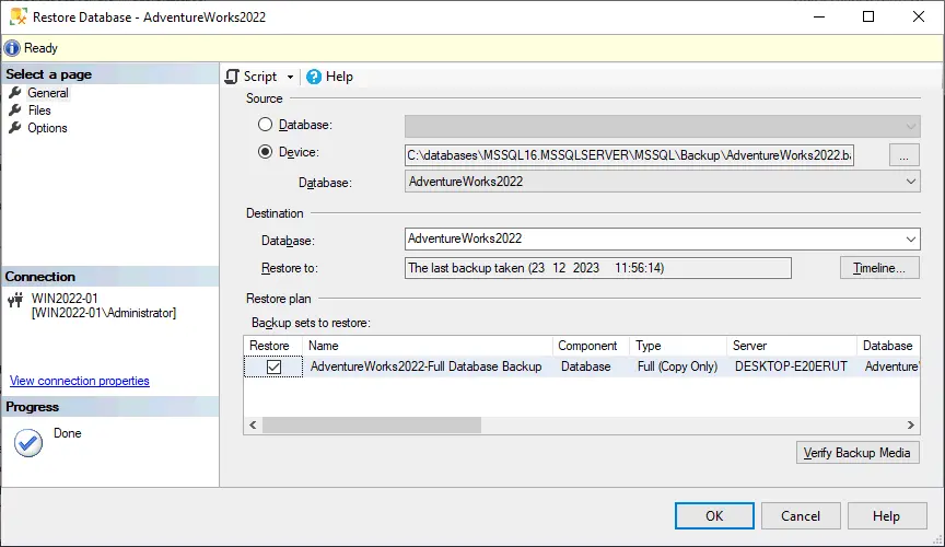 Ready to restore a database in SSMS