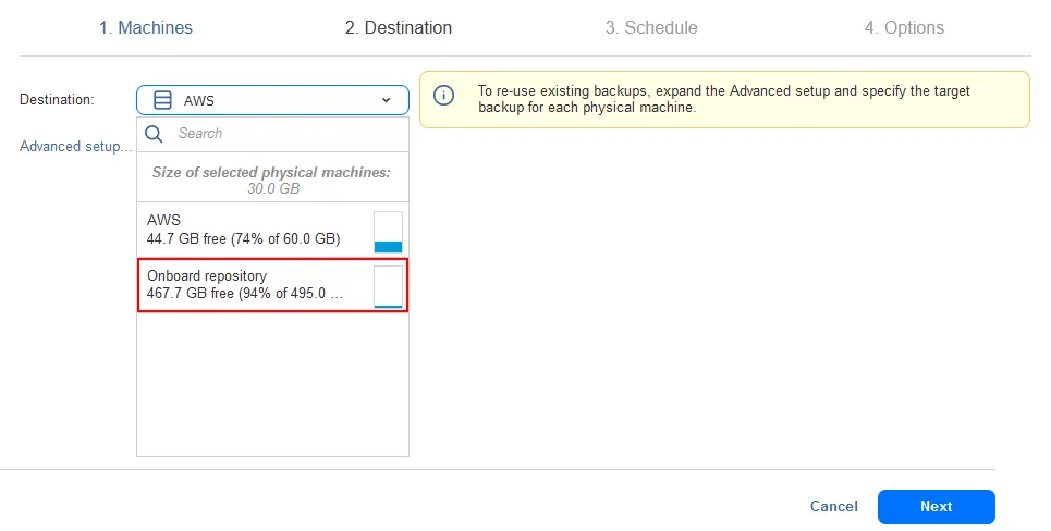 Selecting a backup repository to store backups