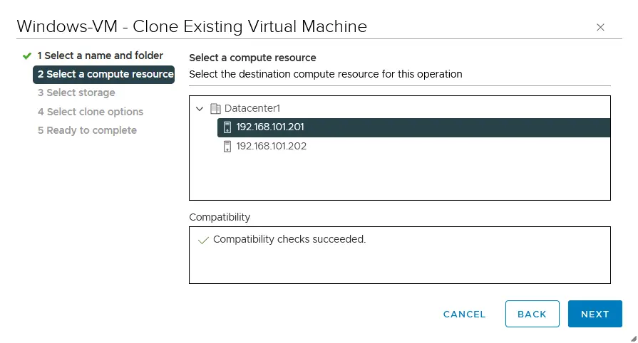 Selecting a compute resource to store a VM clone