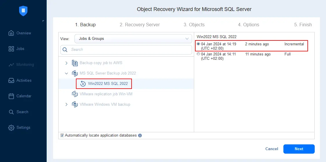 Selecting a recovery point to recover MS SQL database objects