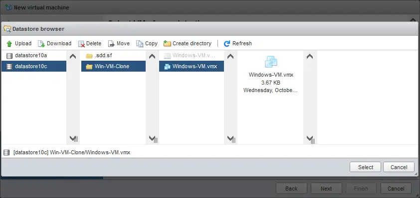 Selecting a VMX file on the datastore to register a VM clone