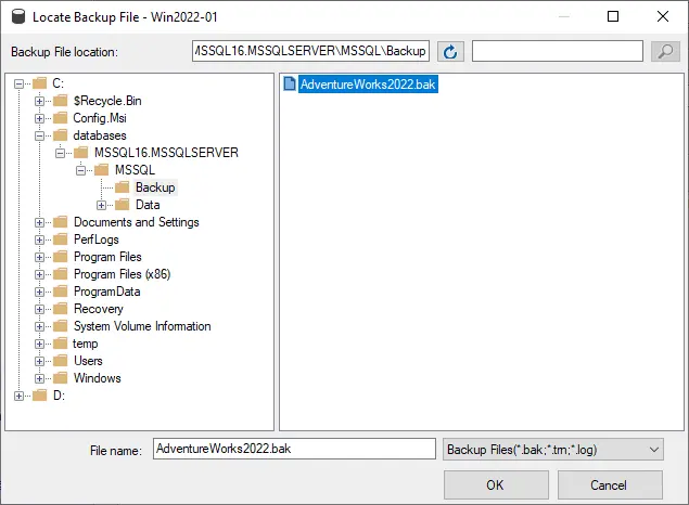 Selecting an MS SQL database backup file with the bak extension