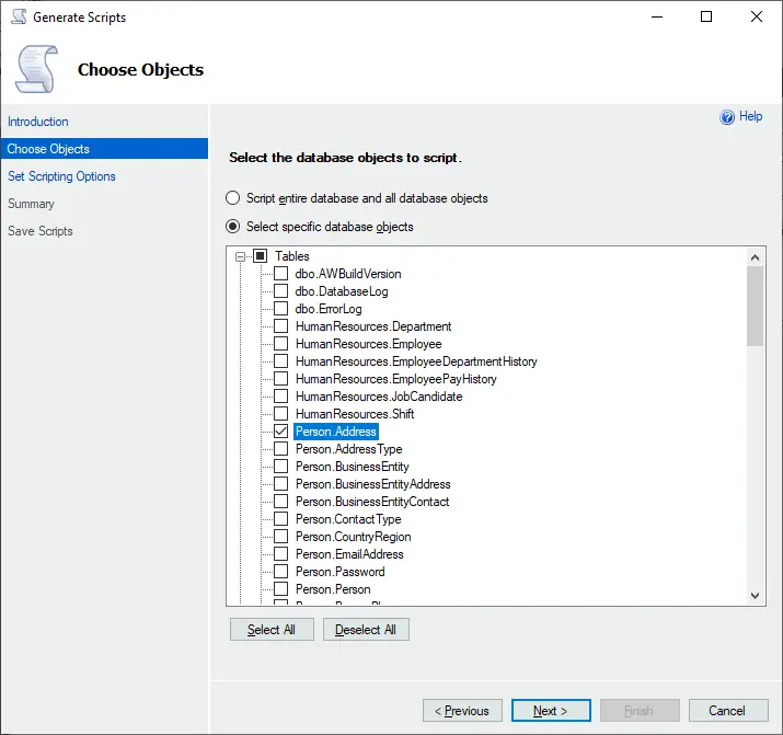 Selecting an MS SQL table to back up