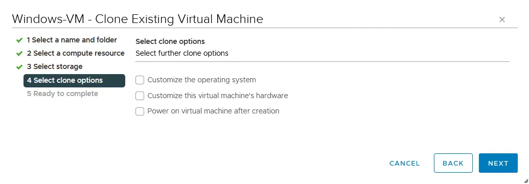 Selecting clone VM options