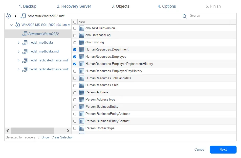 Selecting individual database objects to recover