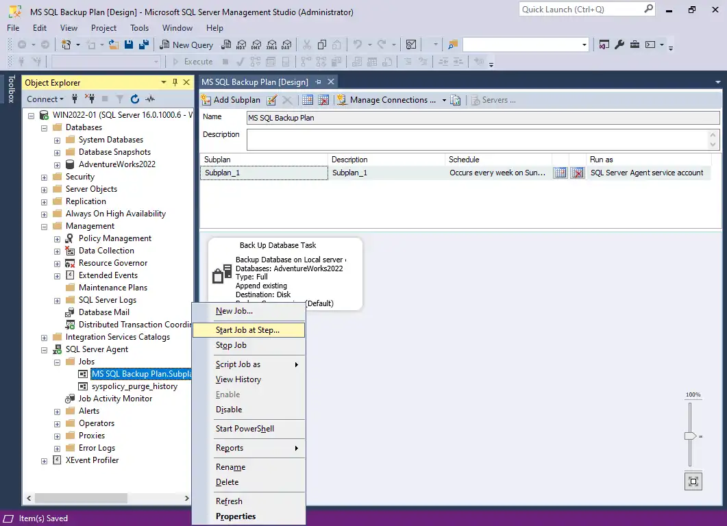 Starting an MS SQL backup job immediately