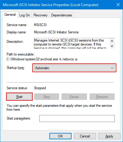 Starting iSCSI initiator on Windows 10 in automatic mode