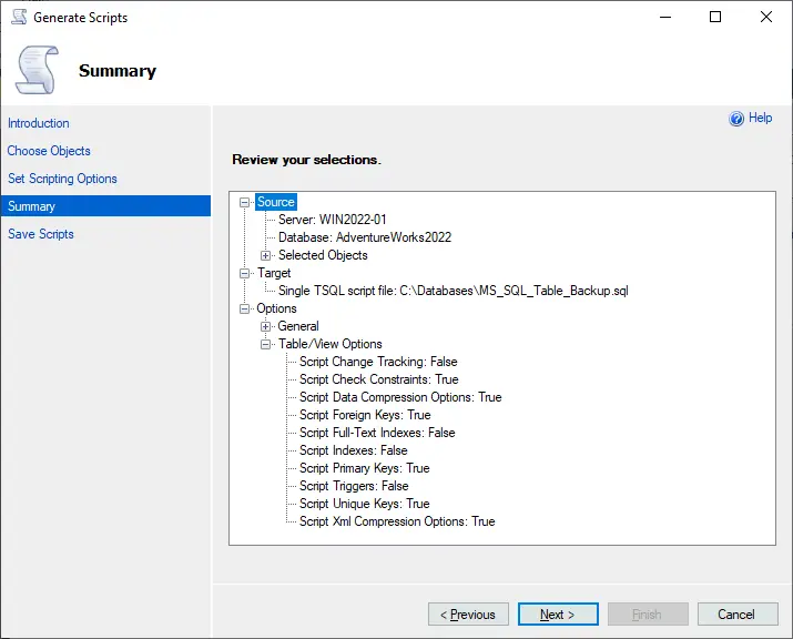 The configuration summary to generate a table backup script