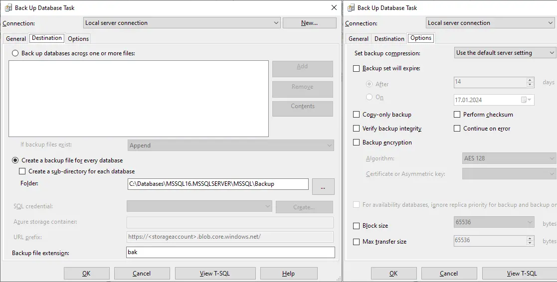 The Destination and Options tabs