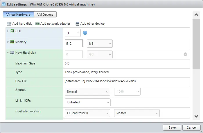 The needed virtual hard disk is selected in the configuration of a VM clone