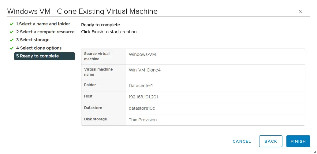 Verifying settings to clone a virtual machine