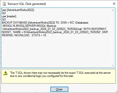 Viewing a T-SQL database backup script generated with a scheduled task