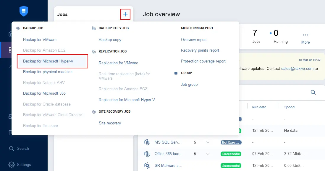 Creating a new Hyper-V backup job in NAKIVO Backup & Replication