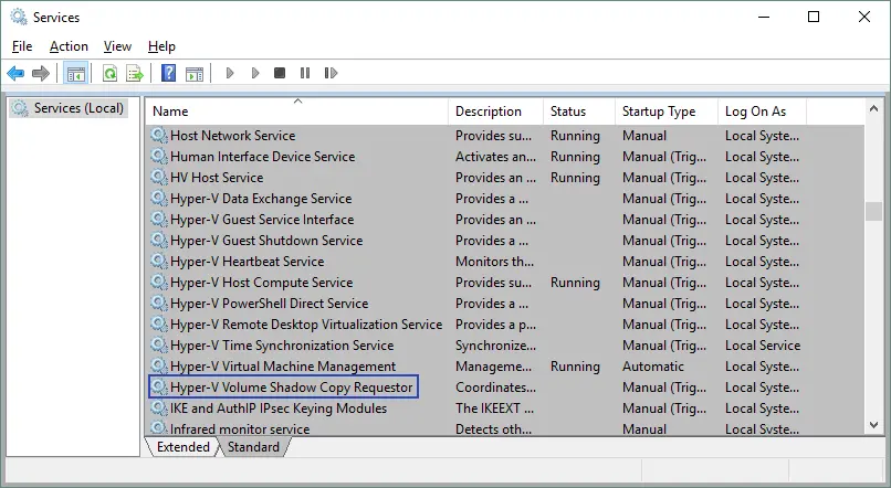 Service Hyper-V VSS Requestor utilisé pour la sauvegarde Hyper-V