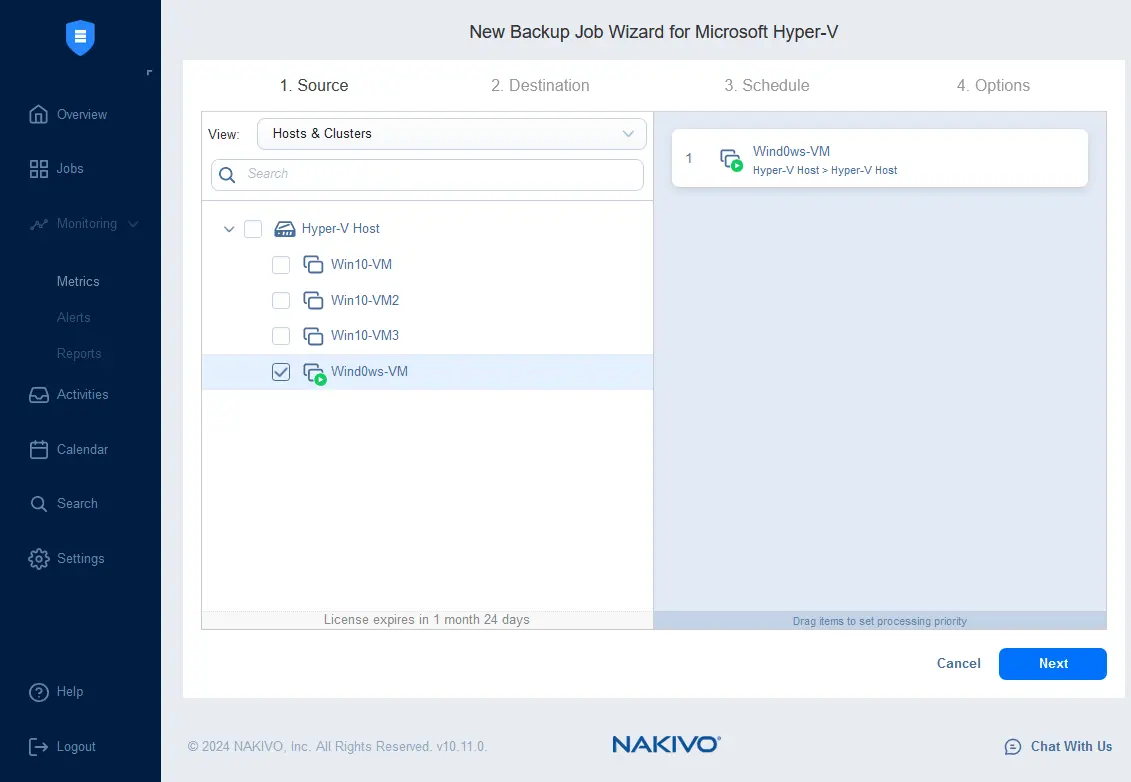 Sélection des VMs Hyper-V pour sauvergarder