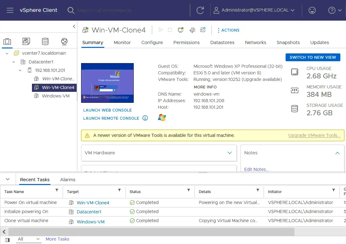 The web interface of VMware vSphere Client