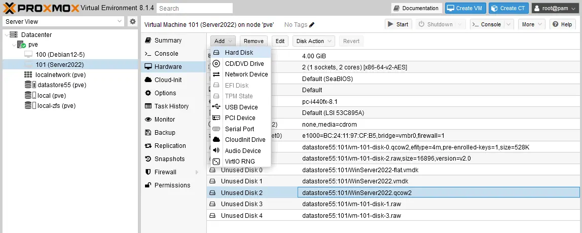 Adding a virtual hard disk to the destination VM