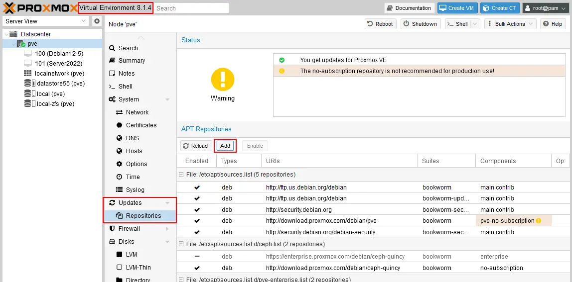 Adding Proxmox software repositories in the web interface