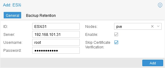 Adding remote ESXi storage to the Proxmox VE inventory