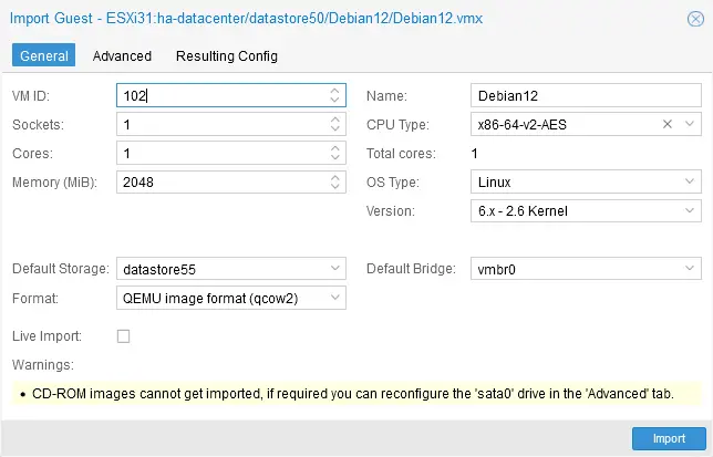 Adjusting the destination VM configuration in the Import Guest window
