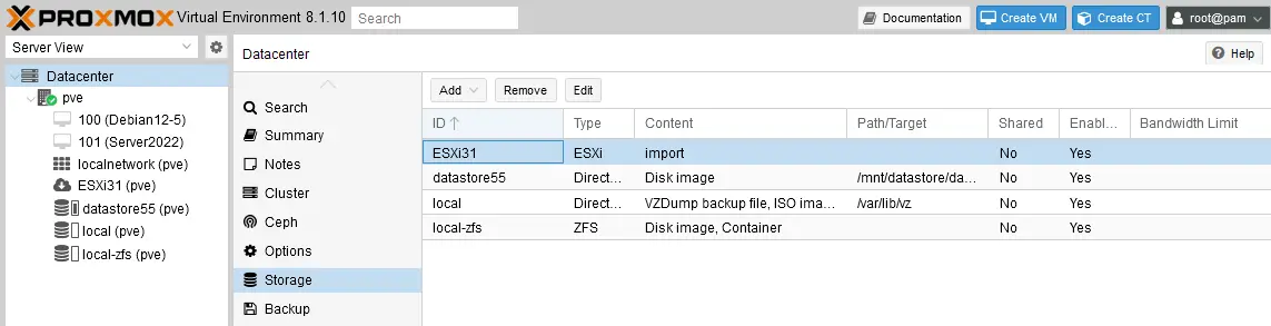 An ESXi host is displayed in the Storage section