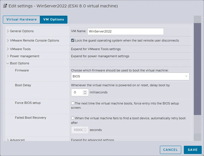 Checking boot and firmware configuration of the original VM