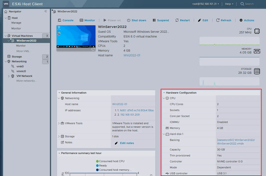 Checking the virtual hardware configuration of the original VM