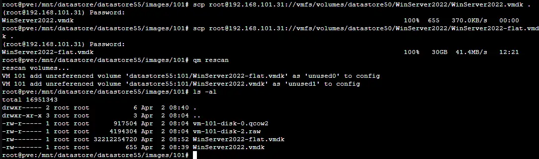 Copying virtual disks from ESXi to Proxmox with an SCP client