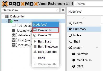 Creating a new VM on the destination Proxmox server