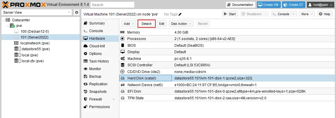Detaching a new virtual disk from the new Proxmox VM