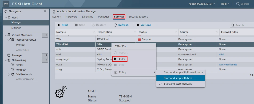 Enabling the SSH server on the source ESXi host