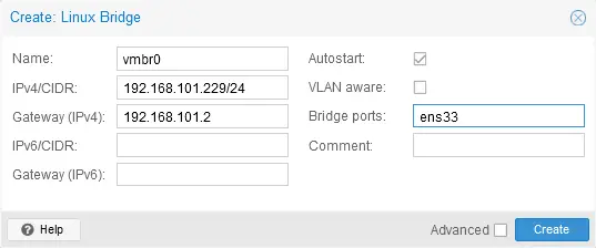 Entering the parameters for the network bridge