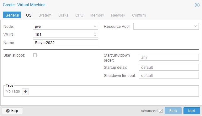 Entering the VM name and ID for a new VM on the Proxmox host